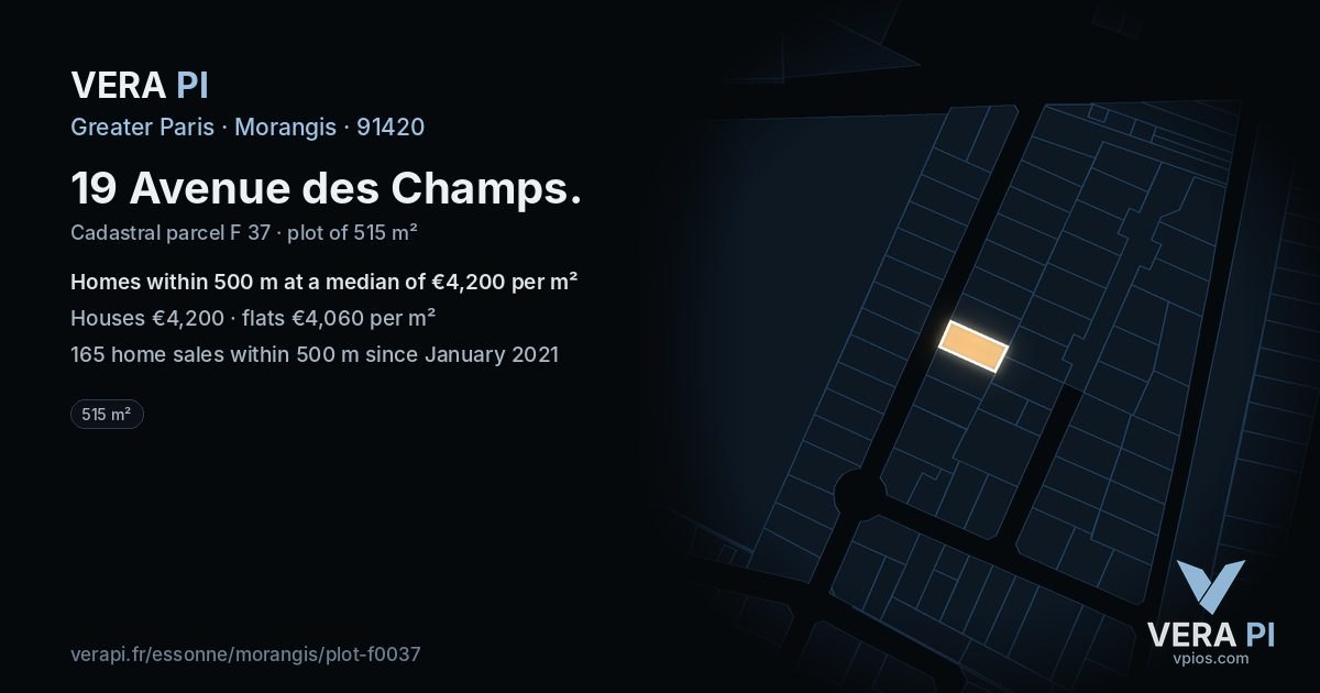 19 Avenue des Champs, Morangis at night – the plot lit, the parcels around coloured by the prices near them