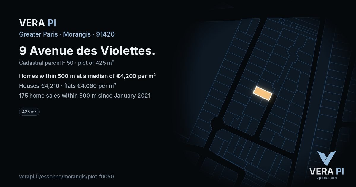 9 Avenue des Violettes, Morangis at night – the plot lit, the parcels around coloured by the prices near them