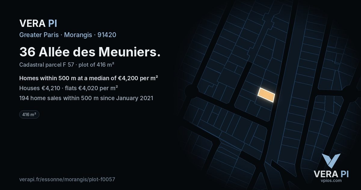 36 Allée des Meuniers, Morangis at night – the plot lit, the parcels around coloured by the prices near them