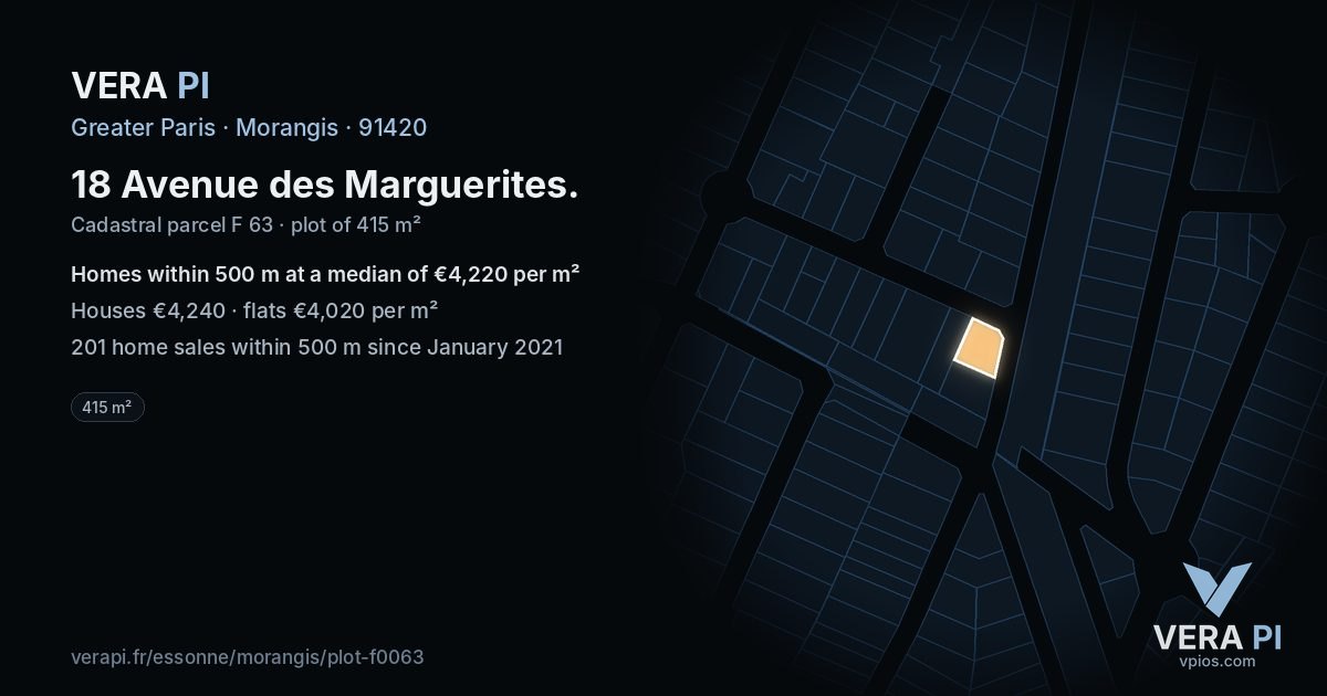 18 Avenue des Marguerites, Morangis at night – the plot lit, the parcels around coloured by the prices near them