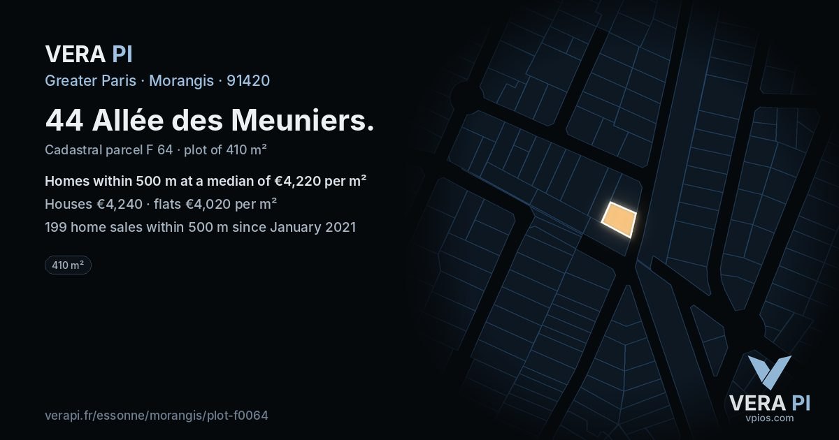 44 Allée des Meuniers, Morangis at night – the plot lit, the parcels around coloured by the prices near them