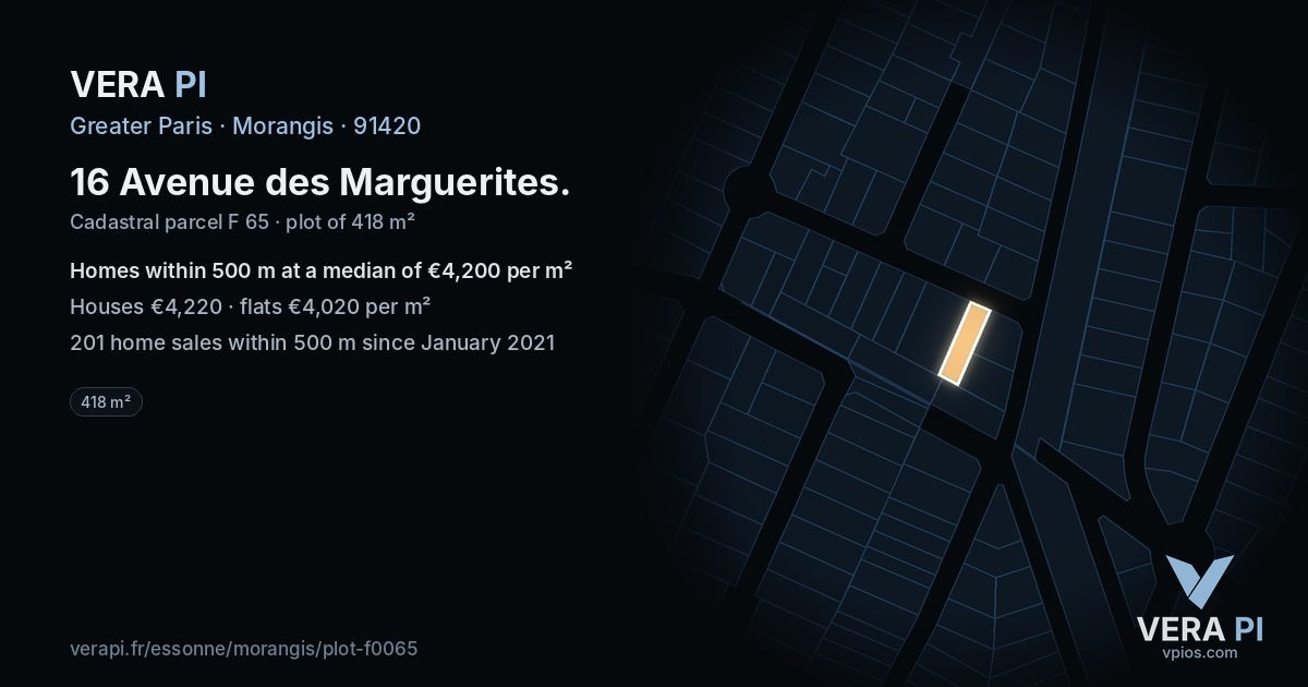 16 Avenue des Marguerites, Morangis at night – the plot lit, the parcels around coloured by the prices near them