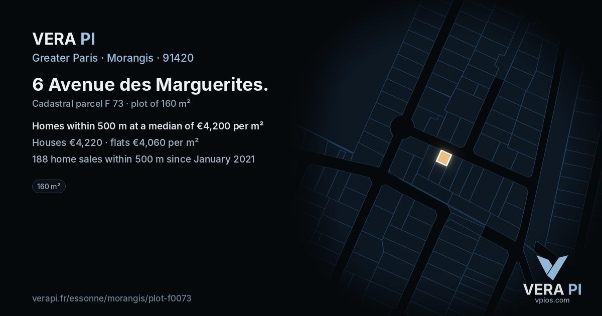 6 Avenue des Marguerites, Morangis at night – the plot lit, the parcels around coloured by the prices near them