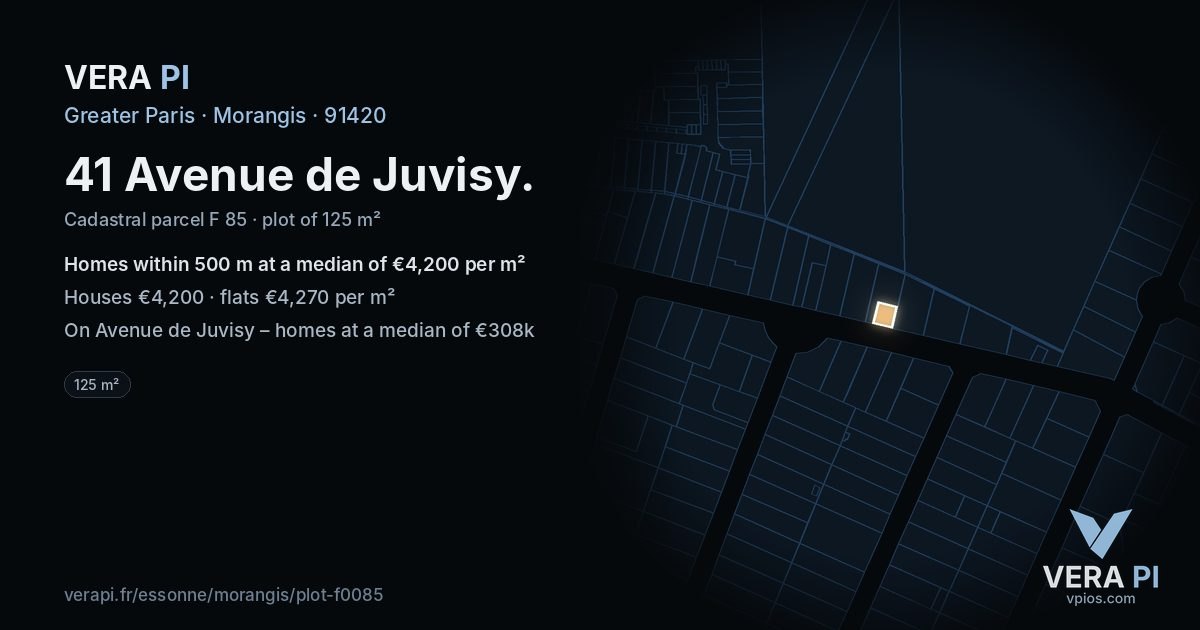 41 Avenue de Juvisy, Morangis at night – the plot lit, the parcels around coloured by the prices near them