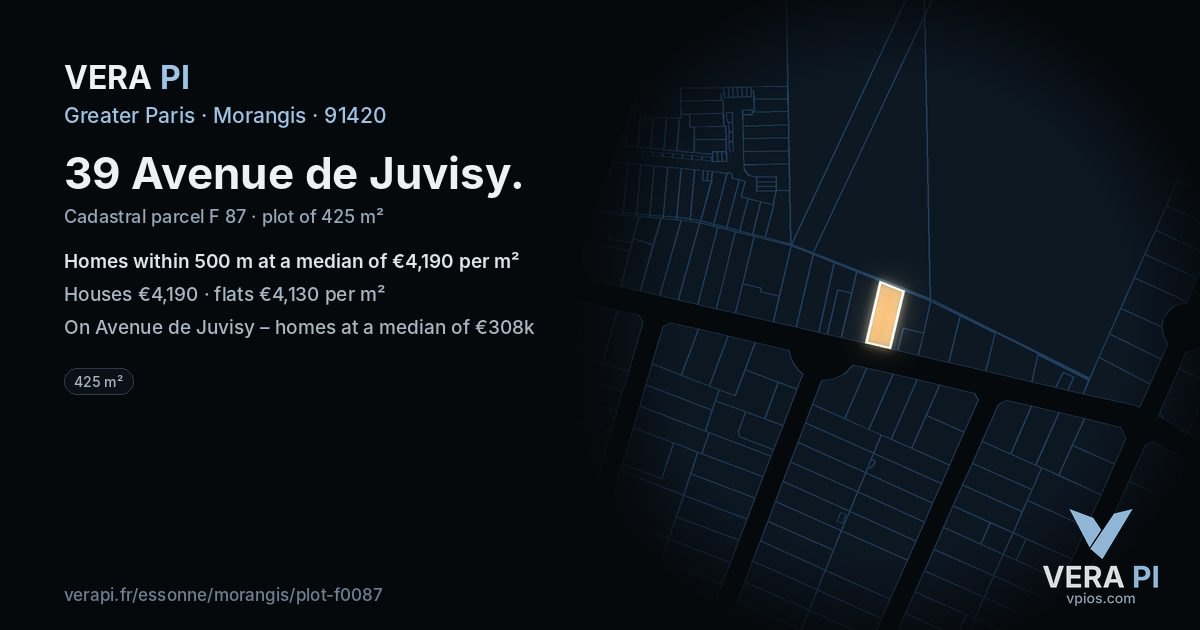 39 Avenue de Juvisy, Morangis at night – the plot lit, the parcels around coloured by the prices near them