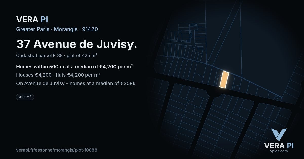 37 Avenue de Juvisy, Morangis at night – the plot lit, the parcels around coloured by the prices near them