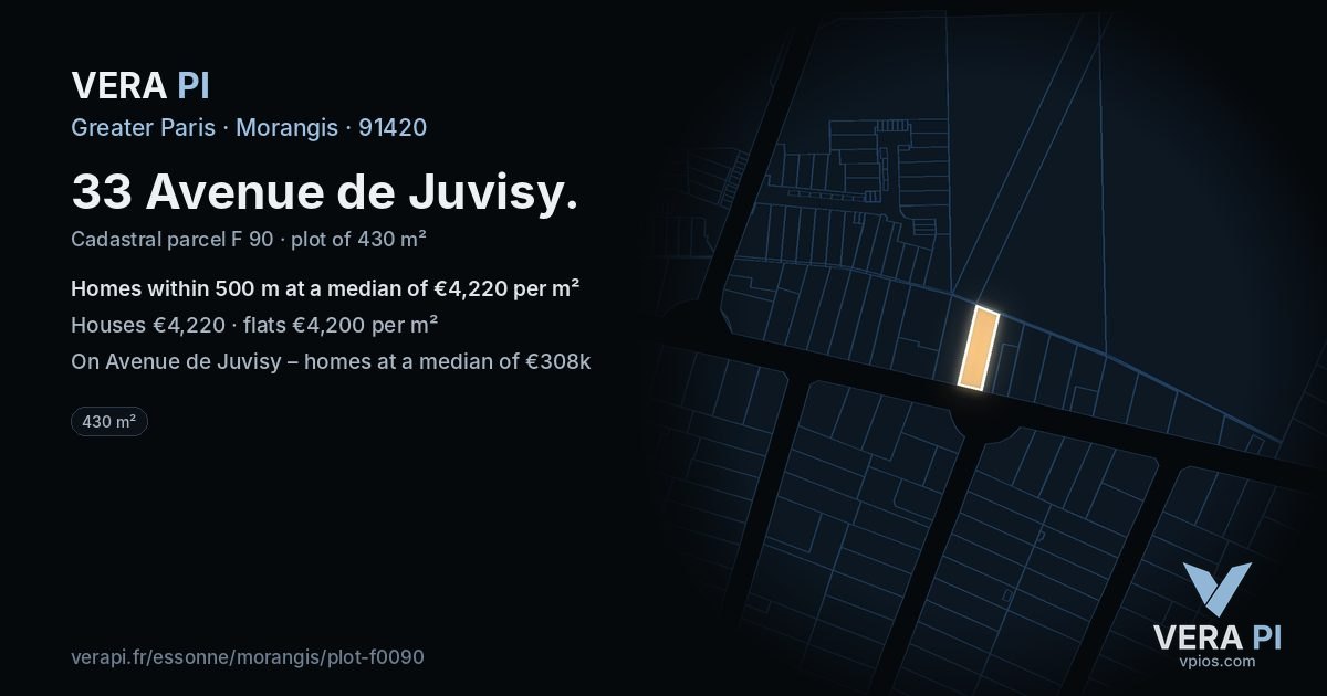 33 Avenue de Juvisy, Morangis at night – the plot lit, the parcels around coloured by the prices near them
