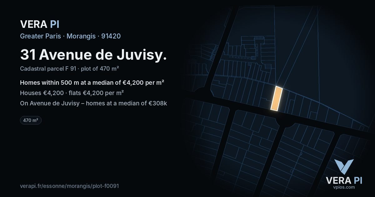 31 Avenue de Juvisy, Morangis at night – the plot lit, the parcels around coloured by the prices near them