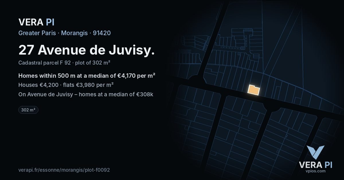 27 Avenue de Juvisy, Morangis at night – the plot lit, the parcels around coloured by the prices near them