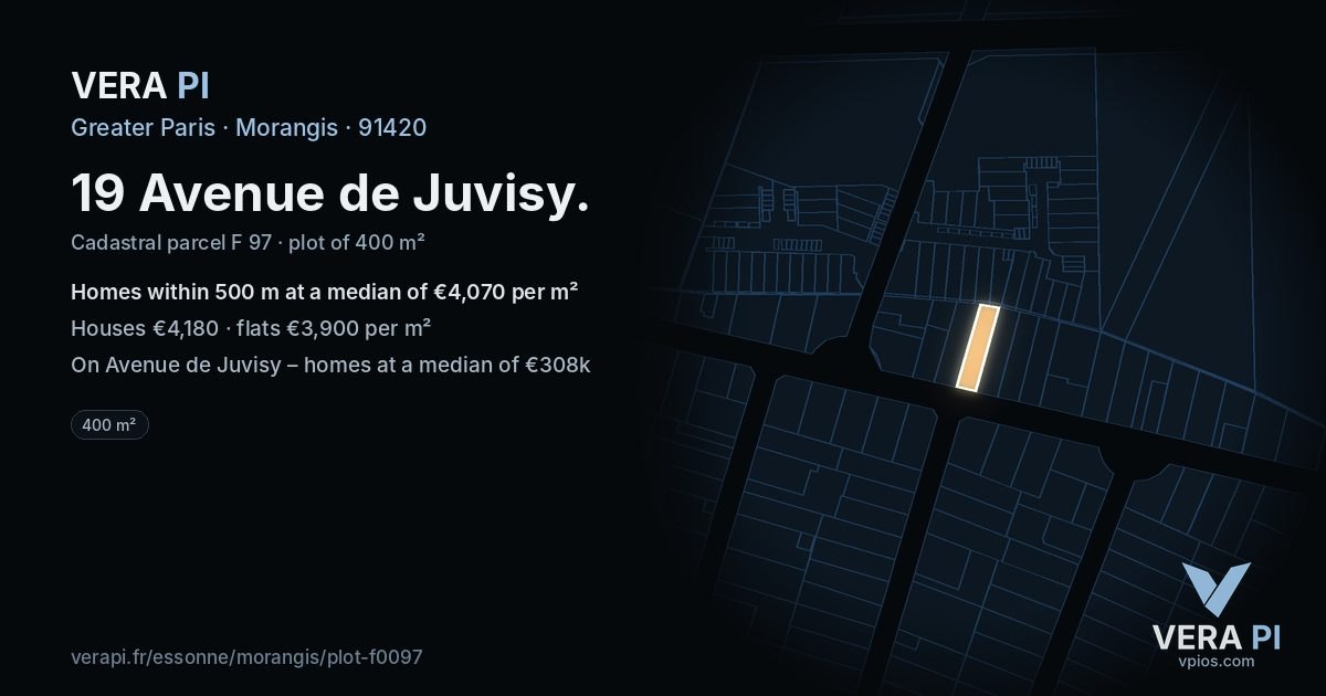 19 Avenue de Juvisy, Morangis at night – the plot lit, the parcels around coloured by the prices near them