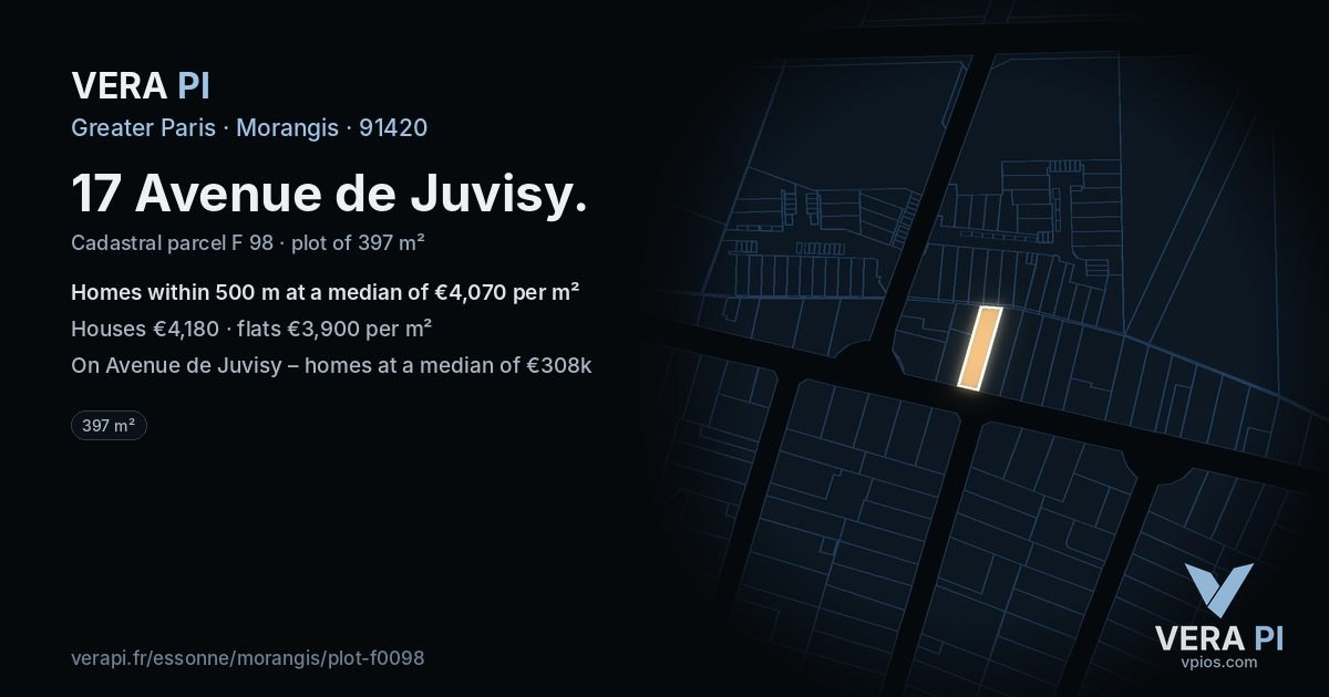 17 Avenue de Juvisy, Morangis at night – the plot lit, the parcels around coloured by the prices near them