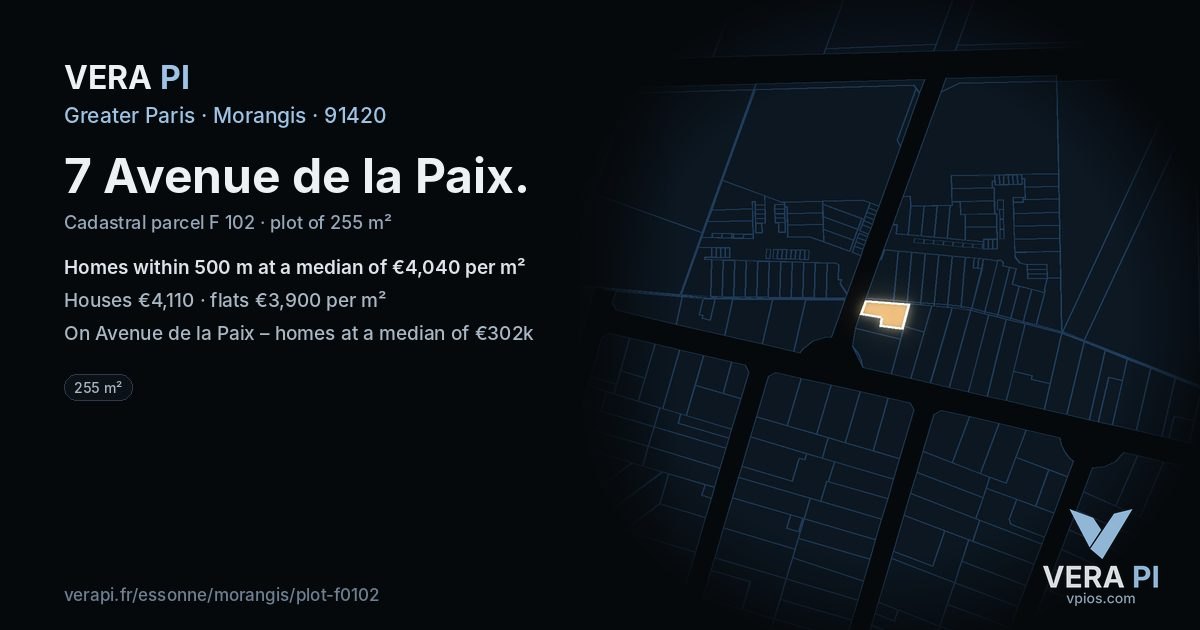 7 Avenue de la Paix, Morangis at night – the plot lit, the parcels around coloured by the prices near them