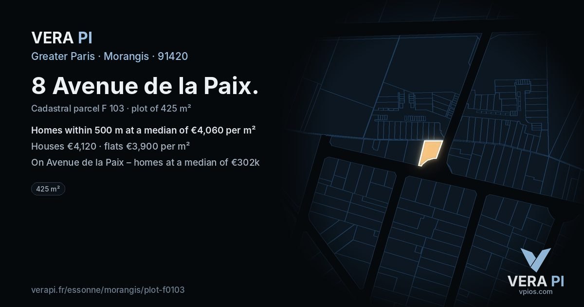 8 Avenue de la Paix, Morangis at night – the plot lit, the parcels around coloured by the prices near them