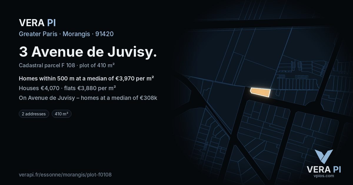 3 Avenue de Juvisy, Morangis at night – the plot lit, the parcels around coloured by the prices near them