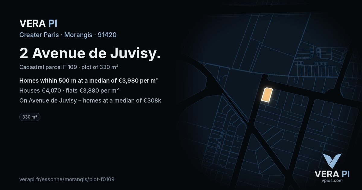 2 Avenue de Juvisy, Morangis at night – the plot lit, the parcels around coloured by the prices near them