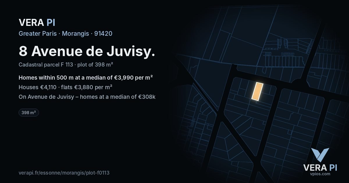 8 Avenue de Juvisy, Morangis at night – the plot lit, the parcels around coloured by the prices near them