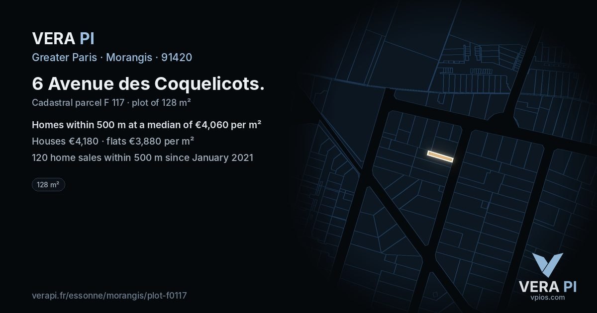 6 Avenue des Coquelicots, Morangis at night – the plot lit, the parcels around coloured by the prices near them