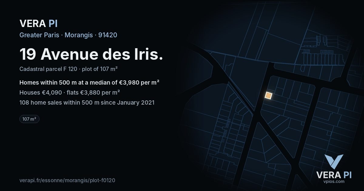 19 Avenue des Iris, Morangis at night – the plot lit, the parcels around coloured by the prices near them