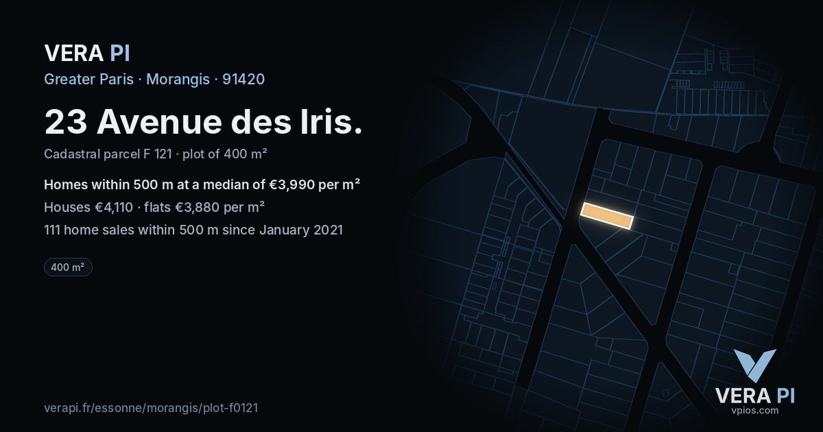 23 Avenue des Iris, Morangis at night – the plot lit, the parcels around coloured by the prices near them