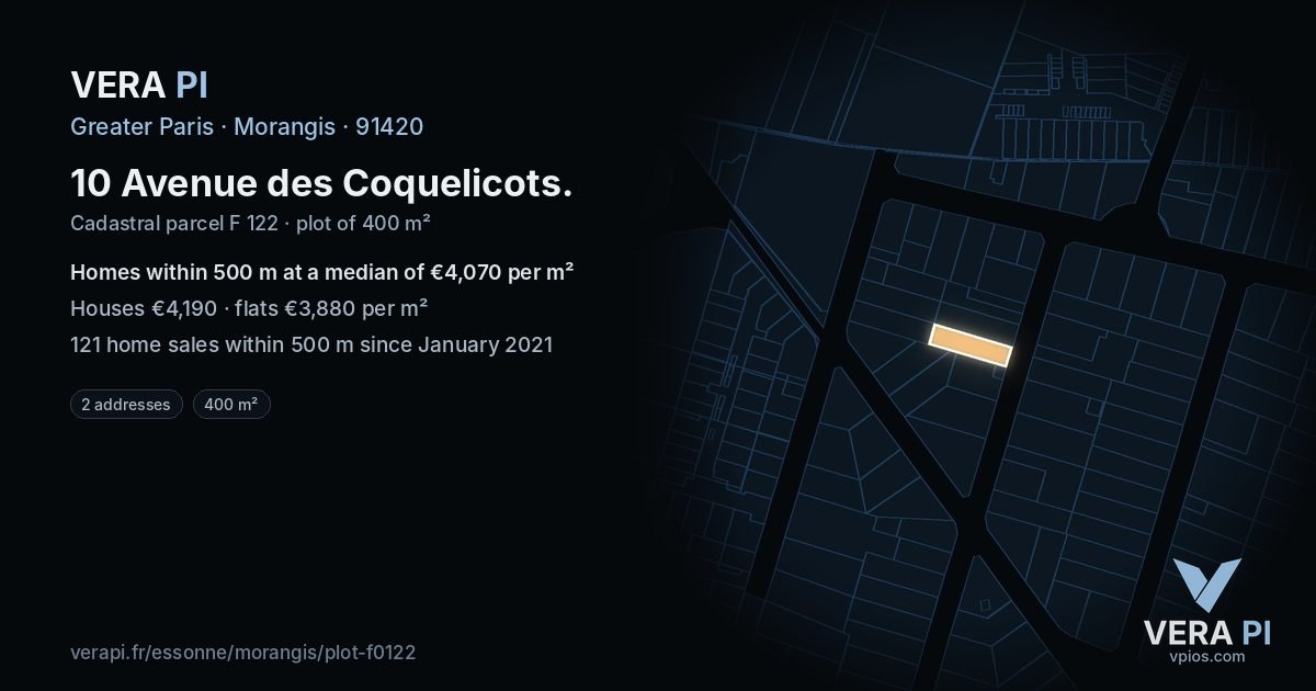 10 Avenue des Coquelicots, Morangis at night – the plot lit, the parcels around coloured by the prices near them