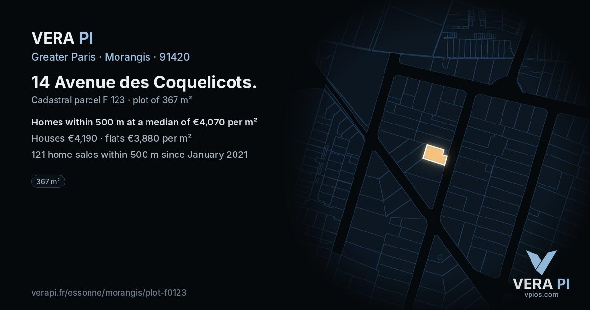14 Avenue des Coquelicots, Morangis at night – the plot lit, the parcels around coloured by the prices near them