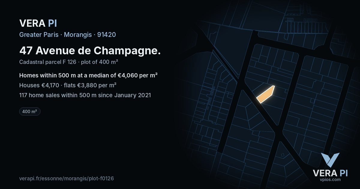 47 Avenue de Champagne, Morangis at night – the plot lit, the parcels around coloured by the prices near them