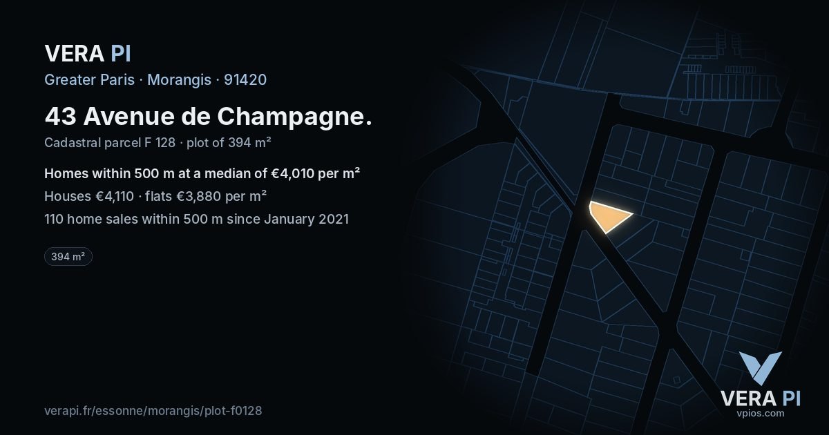 43 Avenue de Champagne, Morangis at night – the plot lit, the parcels around coloured by the prices near them