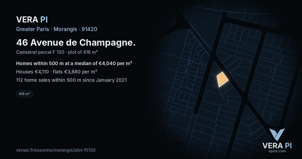 46 Avenue de Champagne, Morangis at night – the plot lit, the parcels around coloured by the prices near them