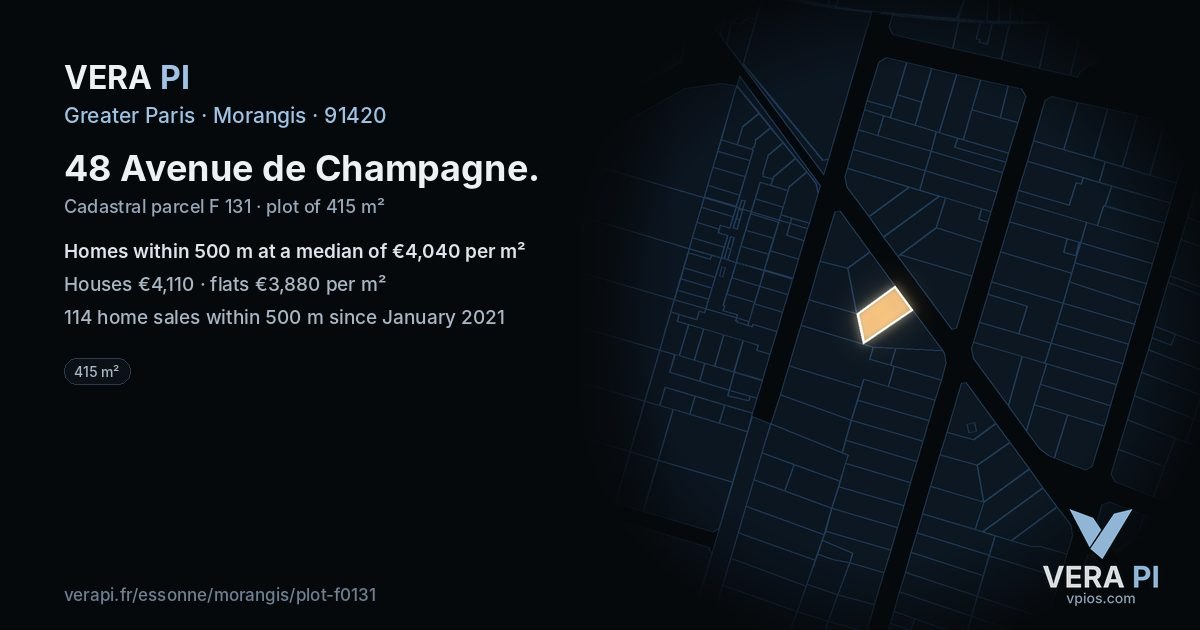 48 Avenue de Champagne, Morangis at night – the plot lit, the parcels around coloured by the prices near them