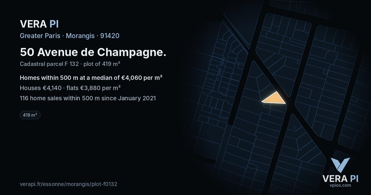 50 Avenue de Champagne, Morangis at night – the plot lit, the parcels around coloured by the prices near them