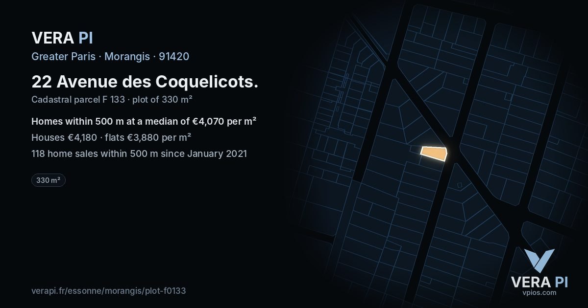 22 Avenue des Coquelicots, Morangis at night – the plot lit, the parcels around coloured by the prices near them