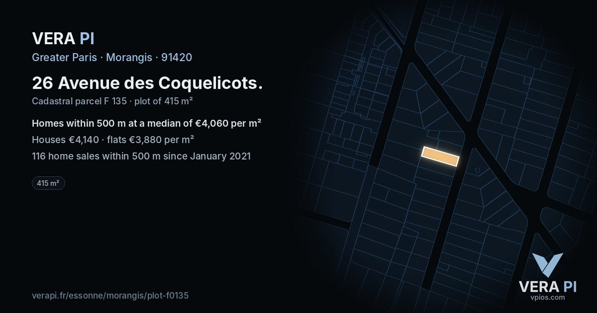 26 Avenue des Coquelicots, Morangis at night – the plot lit, the parcels around coloured by the prices near them