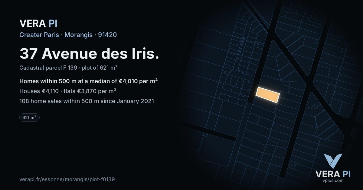 37 Avenue des Iris, Morangis at night – the plot lit, the parcels around coloured by the prices near them