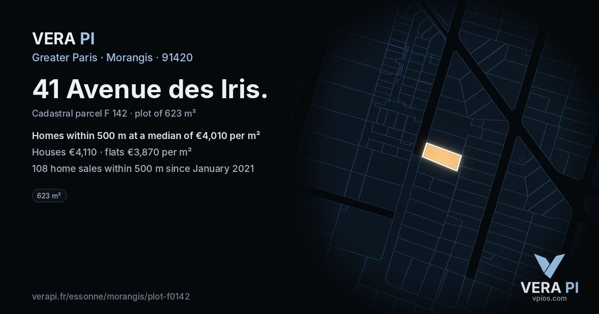 41 Avenue des Iris, Morangis at night – the plot lit, the parcels around coloured by the prices near them