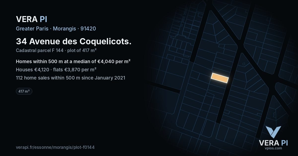 34 Avenue des Coquelicots, Morangis at night – the plot lit, the parcels around coloured by the prices near them