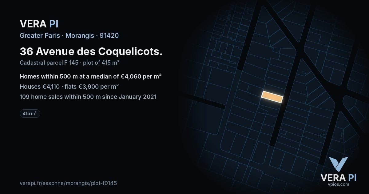 36 Avenue des Coquelicots, Morangis at night – the plot lit, the parcels around coloured by the prices near them