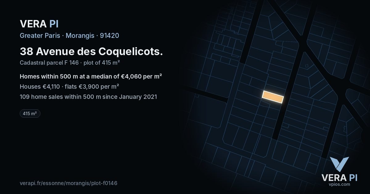 38 Avenue des Coquelicots, Morangis at night – the plot lit, the parcels around coloured by the prices near them