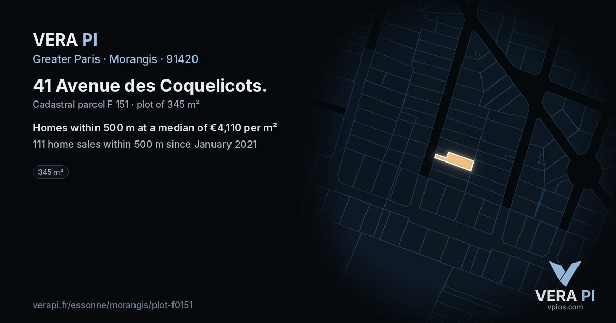 41 Avenue des Coquelicots, Morangis at night – the plot lit, the parcels around coloured by the prices near them