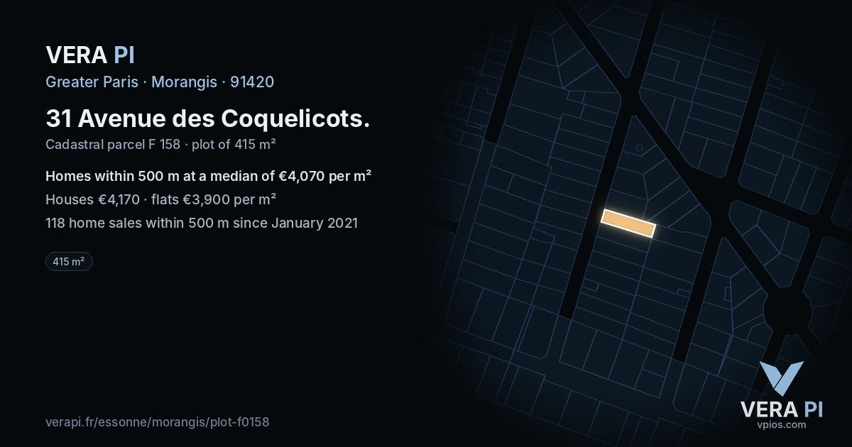 31 Avenue des Coquelicots, Morangis at night – the plot lit, the parcels around coloured by the prices near them