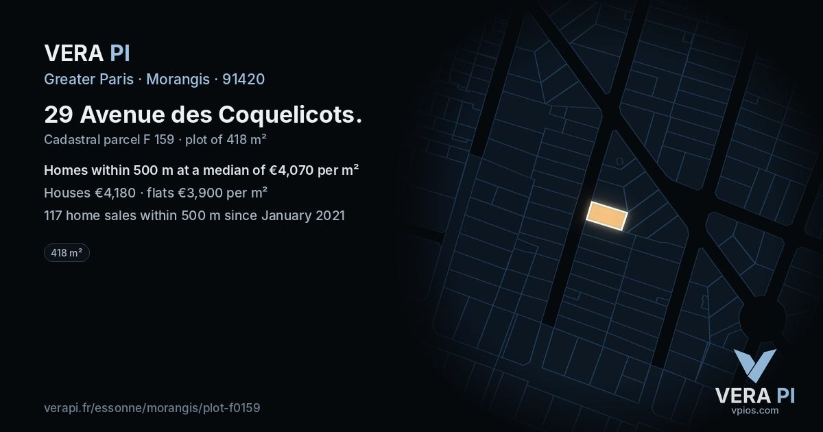 29 Avenue des Coquelicots, Morangis at night – the plot lit, the parcels around coloured by the prices near them