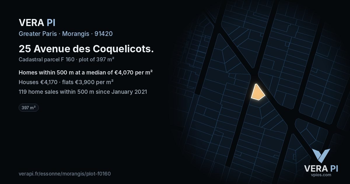25 Avenue des Coquelicots, Morangis at night – the plot lit, the parcels around coloured by the prices near them