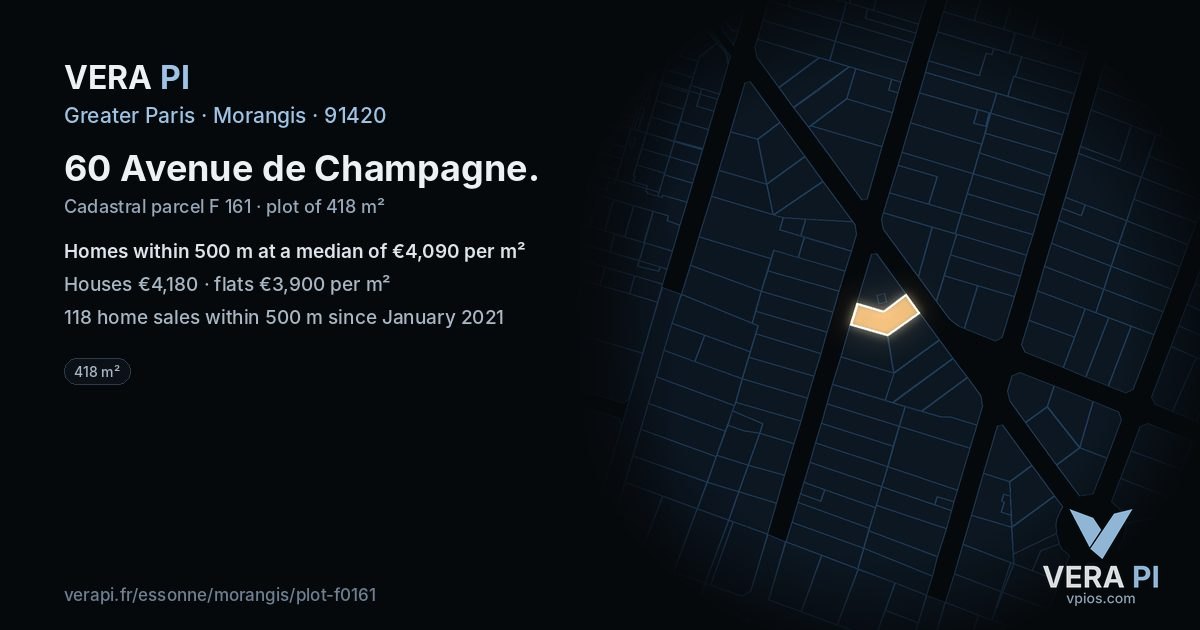 60 Avenue de Champagne, Morangis at night – the plot lit, the parcels around coloured by the prices near them