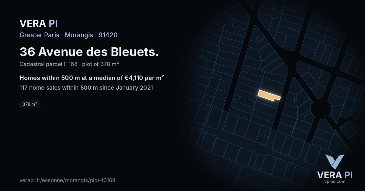 36 Avenue des Bleuets, Morangis at night – the plot lit, the parcels around coloured by the prices near them