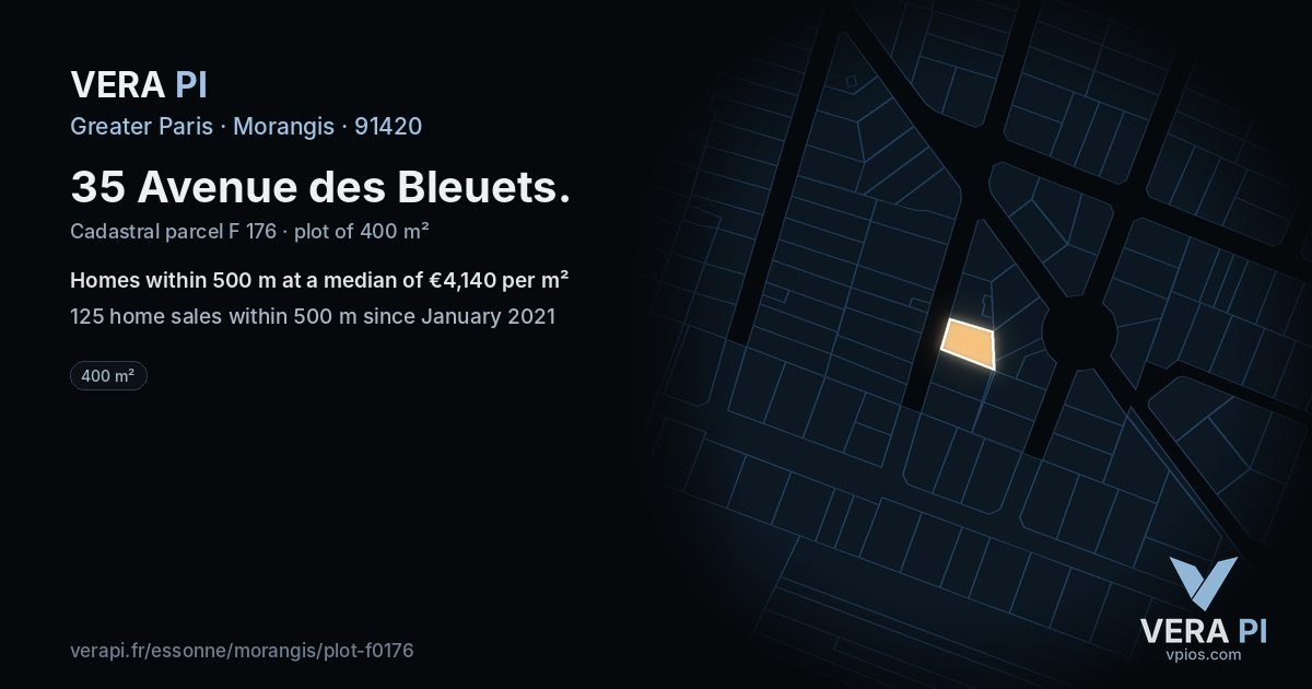 35 Avenue des Bleuets, Morangis at night – the plot lit, the parcels around coloured by the prices near them