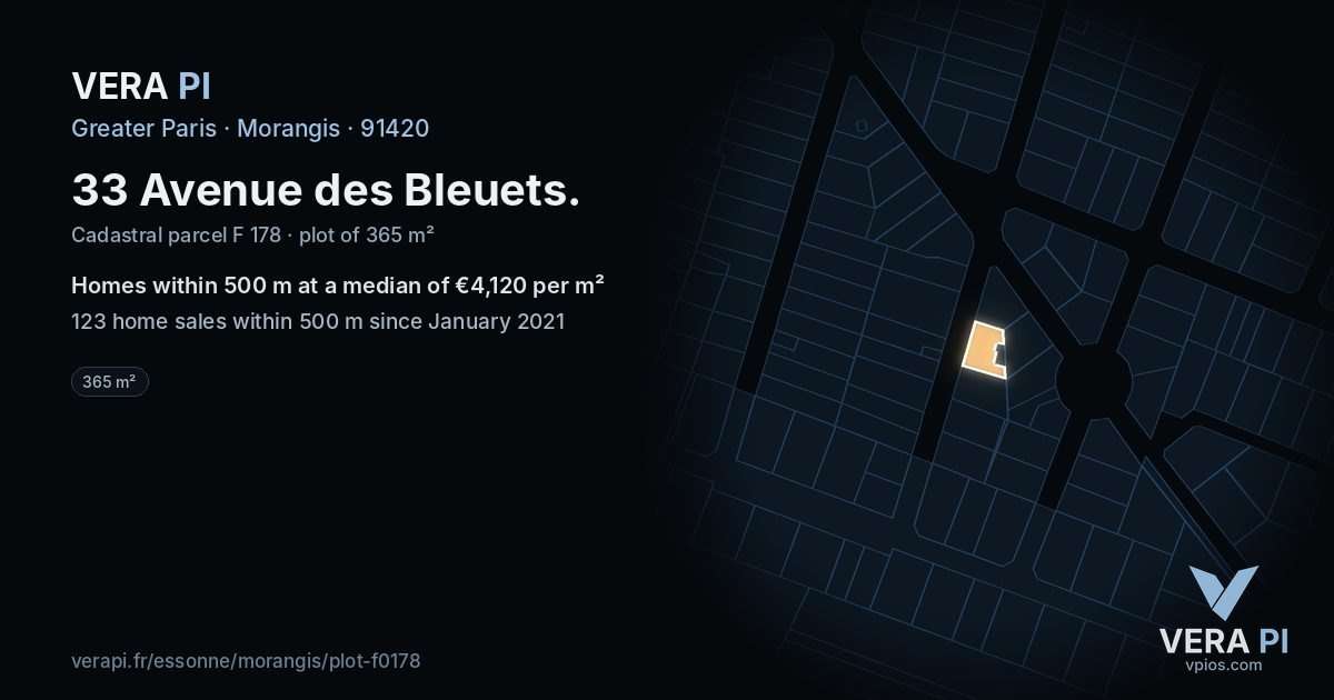 33 Avenue des Bleuets, Morangis at night – the plot lit, the parcels around coloured by the prices near them