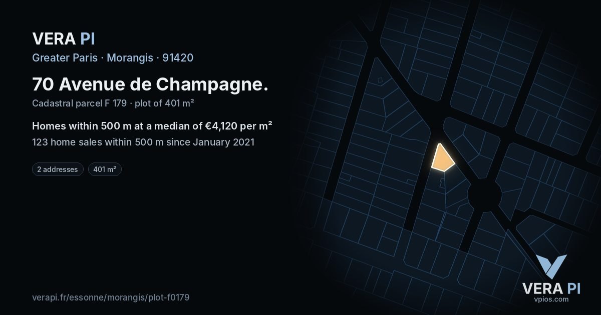 70 Avenue de Champagne, Morangis at night – the plot lit, the parcels around coloured by the prices near them