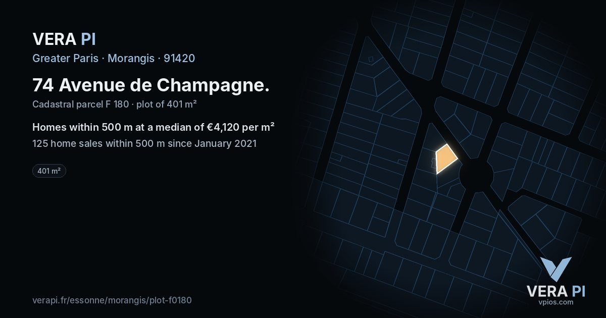 74 Avenue de Champagne, Morangis at night – the plot lit, the parcels around coloured by the prices near them