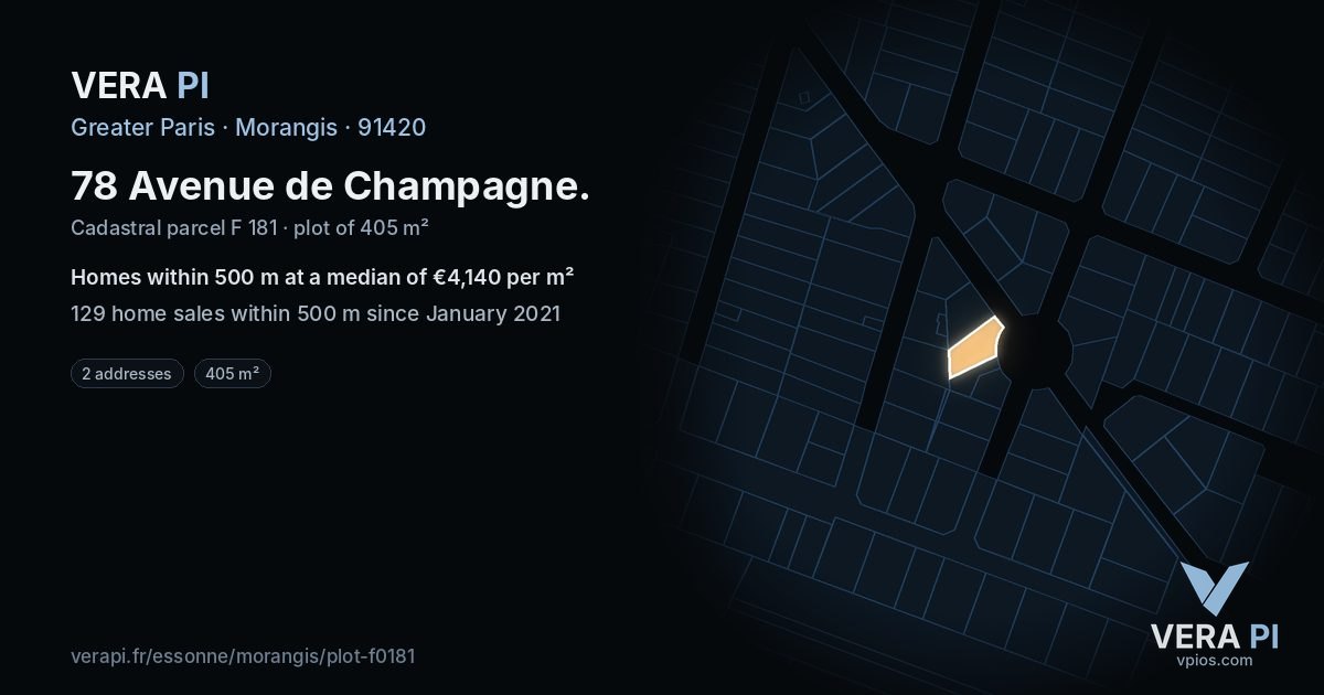 78 Avenue de Champagne, Morangis at night – the plot lit, the parcels around coloured by the prices near them