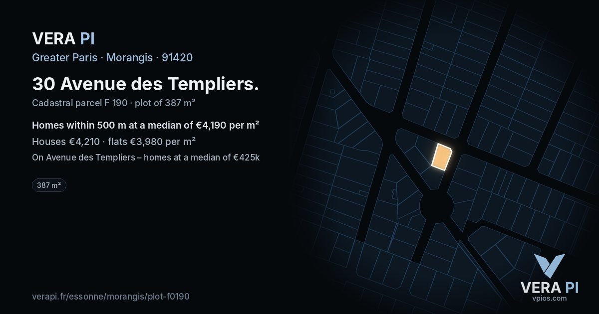 30 Avenue des Templiers, Morangis at night – the plot lit, the parcels around coloured by the prices near them