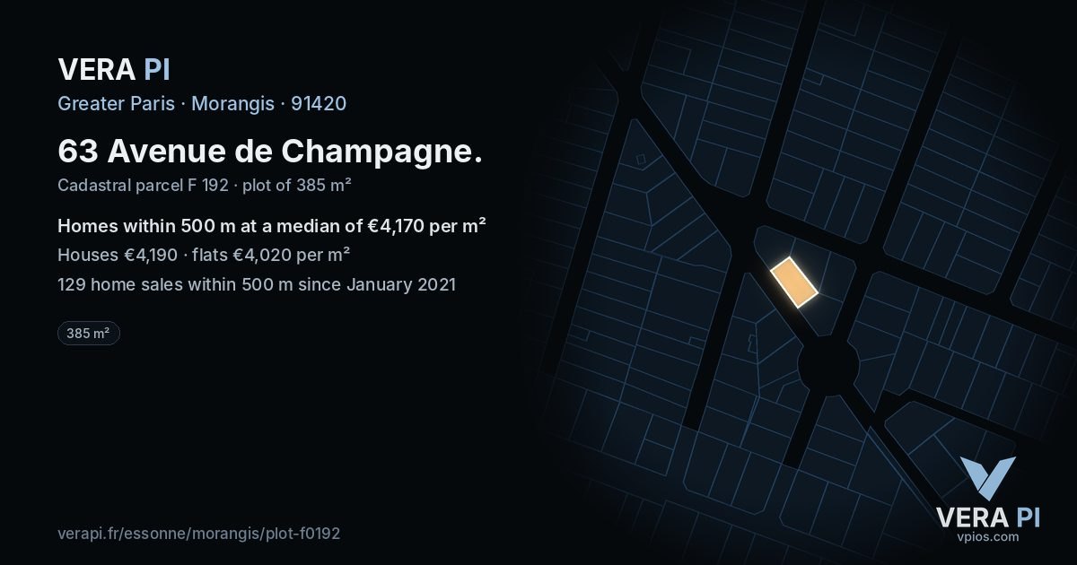 63 Avenue de Champagne, Morangis at night – the plot lit, the parcels around coloured by the prices near them